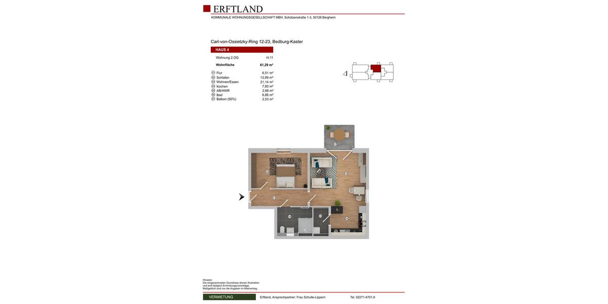 Etagenwohnung Bedburg - 2 Zimmer, 61 m&sup2;, 761&euro; | Angebot:26622638