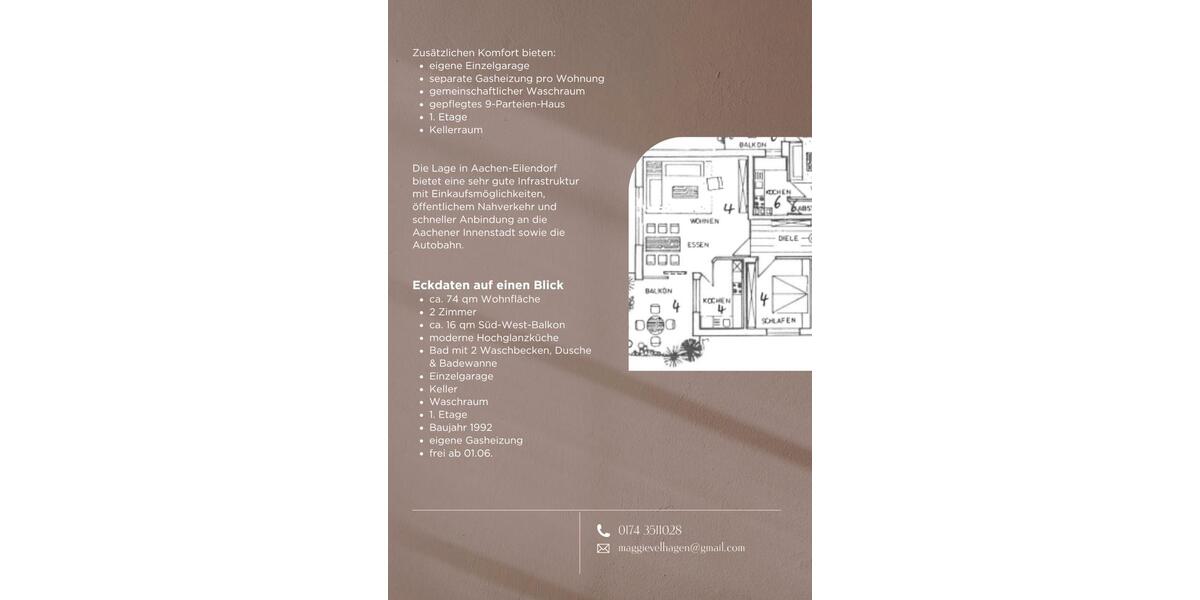 Etagenwohnung Aachen Eilendorf - 2 Zimmer, 74 m&sup2;, 260.000&euro; | Angebot:26250399