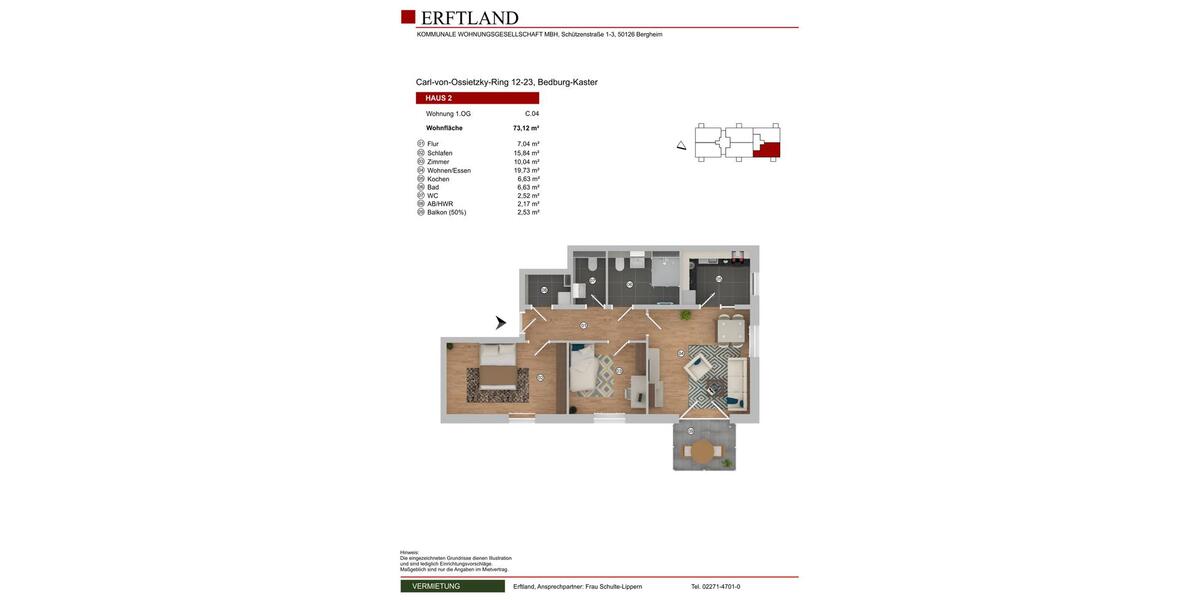Etagenwohnung Bedburg - 3 Zimmer, 73 m&sup2;, 923&euro; | Angebot:26565244